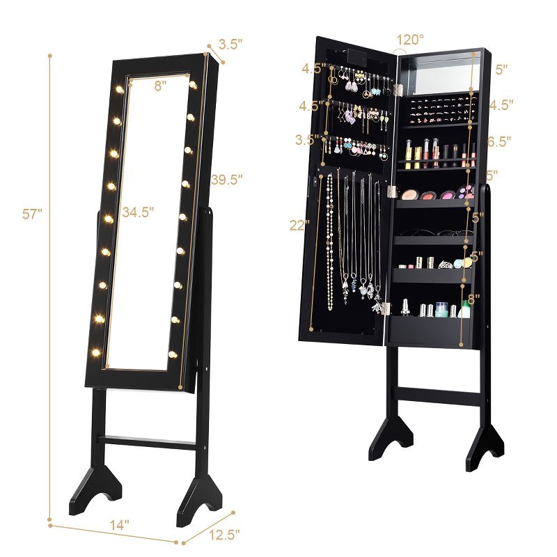 Costway Mirrored Jewelry Cabinet Organizer 18 LED lights White Brown Black, 2 of 9