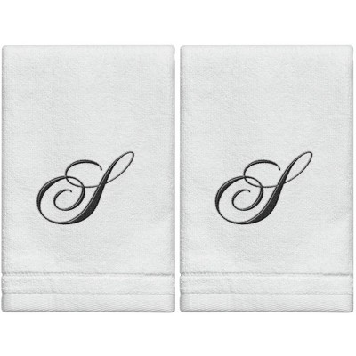 Creative Scents Set of 2 White Fingertip Monogrammed Towels, Black Embroidered