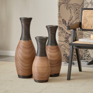 Zeus & Ruta Brown Striped Hand-Woven PVC Rattan Floor Vases Set of 3 - 27.56"/23.62"/19.69"H Farmhouse Decor for Living Room/Entryway - 1 of 4