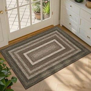 Braided Print Area Rug Washable Bedroom Rugs Bordered Geometric Indoor Soft Carpet Farmhouse Low Pile Non Slip Throw Floor Cover - 1 of 4