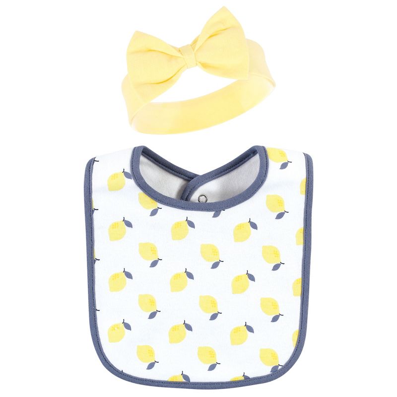 Hudson Baby Infant Girl Cotton Bib and Headband or Caps Set, Navy Lemon, One Size, 5 of 7
