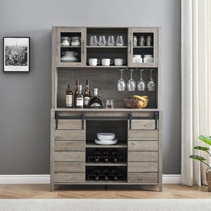 70" Farmhouse Coffee Bar Wine Cabinet with Sliding Barn Doors and Storage, Pantry Cabinet with Wine & Glasses Rack, for Kitchen, Dining Room - 1 of 4