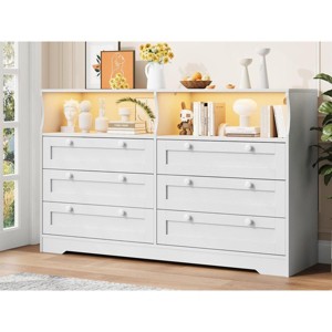 Jojoka Modern Grey Wood Dresser, 55" Wide 6 Drawer Chest with LED Light & Spacious Storage - 1 of 4