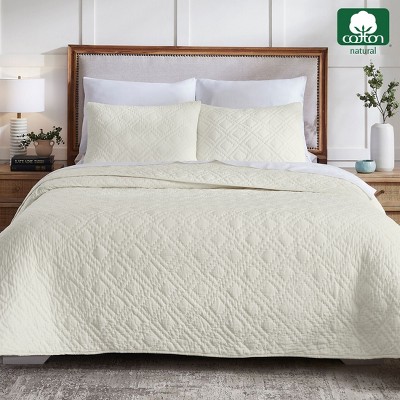 Ivory Diamond Pattern Hand-Quilted Full Cotton Quilt Set