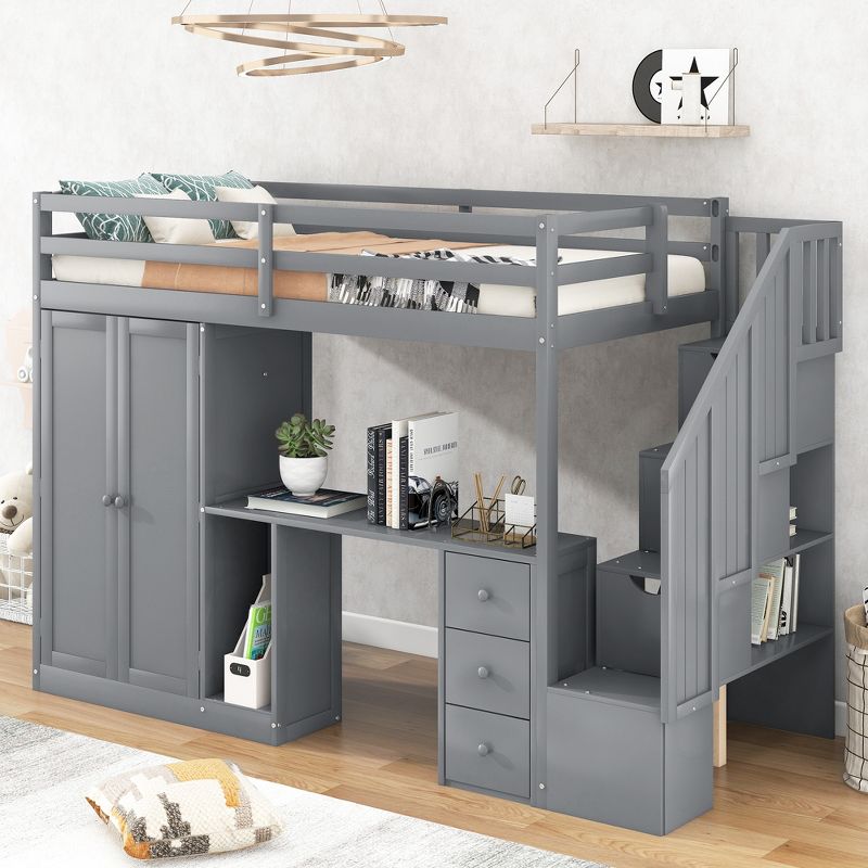 Twin Size Loft Bed with Wardrobe, Staircase, Desk and Storage Drawers - ModernLuxe, 3 of 10