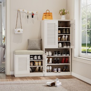 ZHUTA Multi functional Shoe Storage Cabinet with Bench & 7+3 Storage compartment, Adjustable layer board , Shoe Bench with Cushion for Entryway - 1 of 4