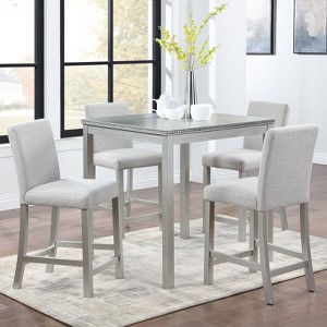 5-Piece Counter Height Dining Set: Square Wood Table, 4 Upholstered Chairs with Crystal Decor, Ideal for Kitchen - 1 of 4