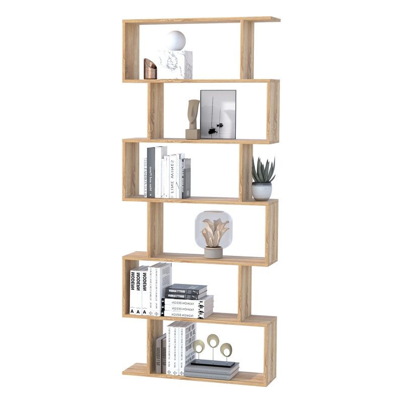 HOMCOM 75.5"H Bookcase 6 Shelf S-Shaped Bookshelf Wooden Storage Display Stand Shelf Organizer Free Standing Oak, 4 of 9
