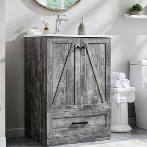 Sincido Farmhouse Modern 24" Bathroom Vanity Floor Standing Cabinet w/ Ceramic Sink,Barn Door,Large Storage Drawer and Metal Handle - 1 of 4