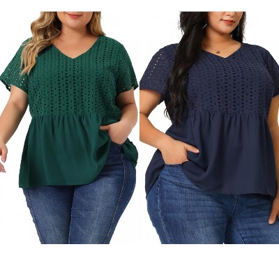 Women's Plus Size 2 Piece Eyelet Contrast Panel Elastic Back Babydoll V Neck Short Sleeve Summer Casual Blouses - Agnes Orinda