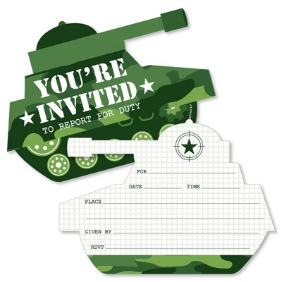 Big Dot of Happiness Camo Hero - Shaped Fill-in Invitations - Army Military Camouflage Party Invitation Cards with Envelopes - Set of 12