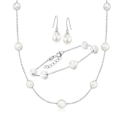 Ross-Simons 6-8mm Cultured Semi-Baroque Pearl Jewelry Set: Necklace, Bracelet and Drop Earrings in Sterling Silver Size 18