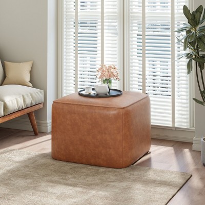 FURNIinspire Ottomans And Benches Upholstered Square Leather Ottoman, Simple Leisure Stool, Ottomans for Living Room Brown, 22.25"*22"*16.5"