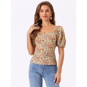 Allegra K Women's Puff Sleeve Square Neck Peasant Floral Blouse - 1 of 4