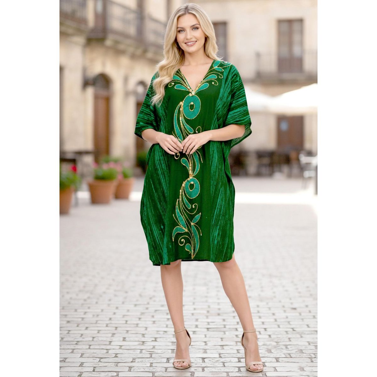 LA LEELA Summer Cotton Women Caftan Top Resortwear Vacation Holiday Cruise Pregnancy Wear Relaxed Fit Lounge Outfit 2X-3X Green Paisley - thumbnail 3