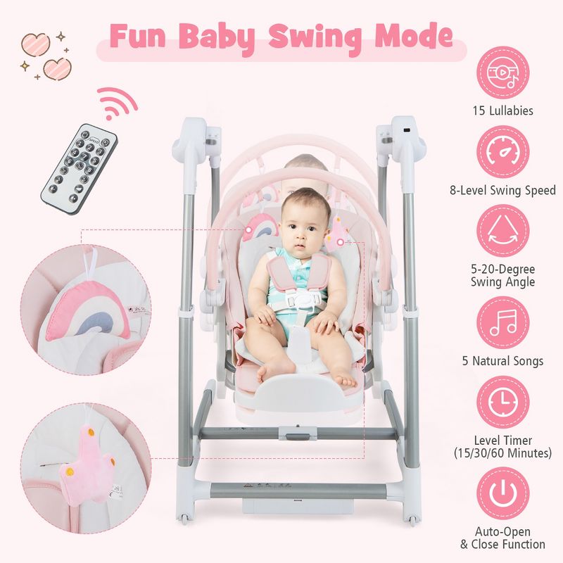 Babyjoy 3-in-1 Baby Swing & High Chair with  8 Adjustable Heights & Music Box Grey/Pink, 3 of 11