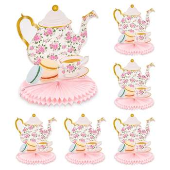 Sparkle and Bash 6 Pack Floral Teapot Honeycomb Decorations for Kids Birthday, Garden Tea Party Centerpieces for Tables, 9.8 x 11 In