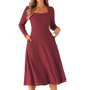 INSPIRE CHIC Women's Casual Square Neck A-Line with Pockets Knitted Sweater Dress - 1 of 4