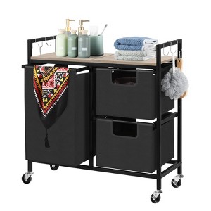 Oumilen Black 3-Bin Rolling Laundry Sorter with Wood Shelf - 1 of 1