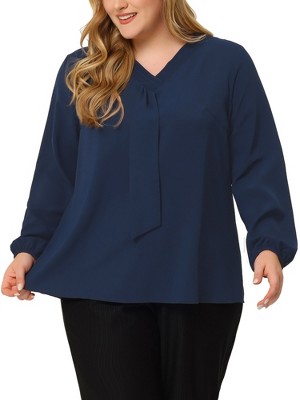 Agnes Orinda Women's Plus Size Office Fashion Long Sleeves Ribbon Front Chiffon Blouses