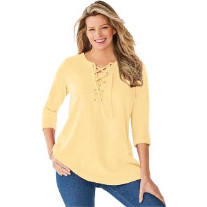 Woman Within Plus Size Lace-Up Three-Quarter Sleeve Tee - 1 of 4
