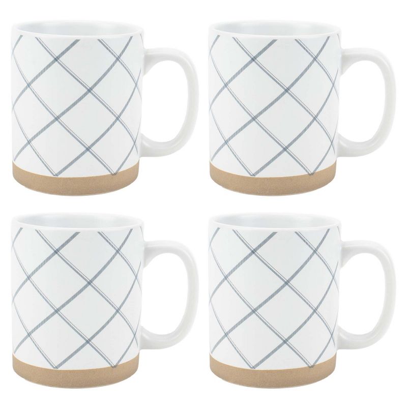 Elanze Designs Modern Plaid Raw Clay Bottom White 16 ounce Ceramic Coffee Mugs Set of 4, 1 of 6