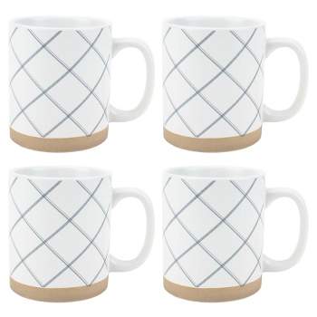 Elanze Designs Modern Plaid Raw Clay Bottom White 16 ounce Ceramic Coffee Mugs Set of 4