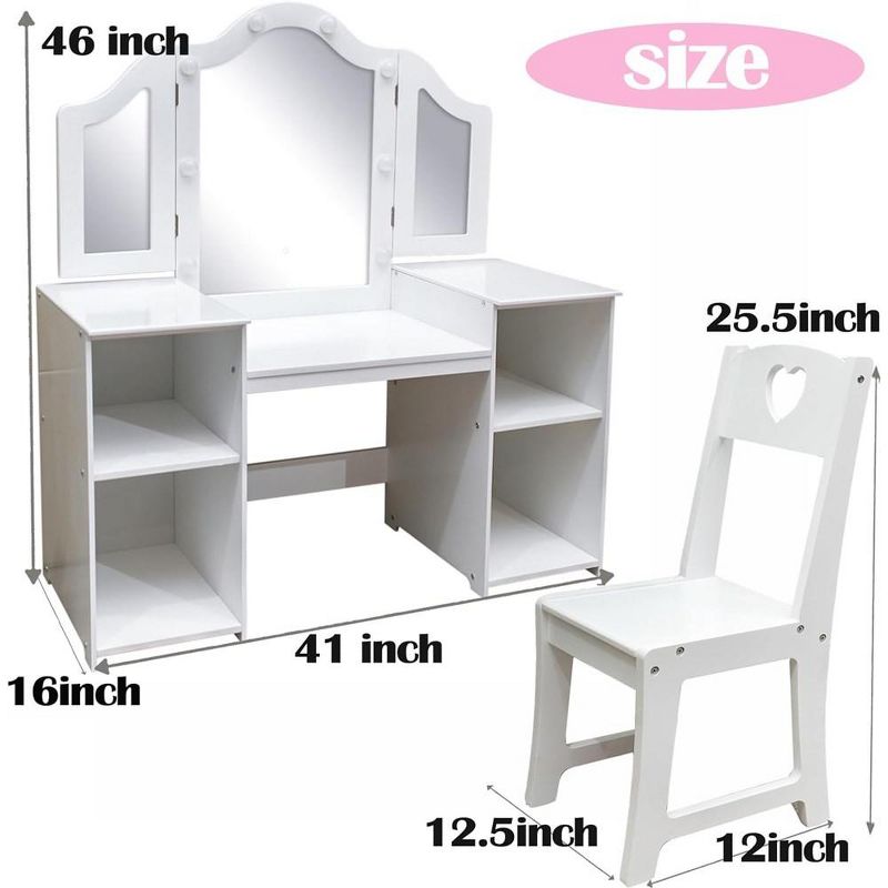 Whizmax 2 in 1 Wooden Princess Makeup Desk Dressing Table, Kids Vanity with Mirror, Light,Stool & Drawer, 4 of 9