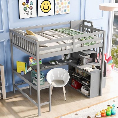Streamdale Full Size Loft Bed with Desk, Storage Shelves, and Storage Staircase in Gray