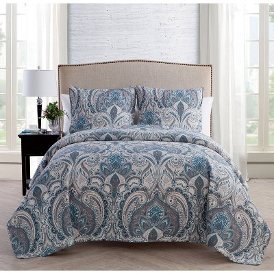 8pc Full/Queen Valore Medallion Coordinating Comforter and Quilt Set Blue -  VCNY