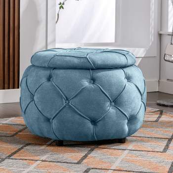 27.5" Burlap Large Round Tufted Storage Ottoman Button Storage Ottoman For Living Room Bedroom