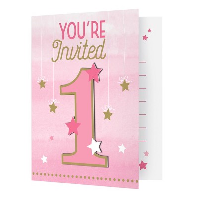 8ct One Little Star Girl 1st Birthday Invitations