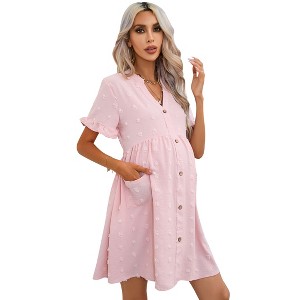 Clearlove Summer Dress Casual Lantern Sleeve V Neck Button Dress Swing Flowy Maternity Dresses - 1 of 4