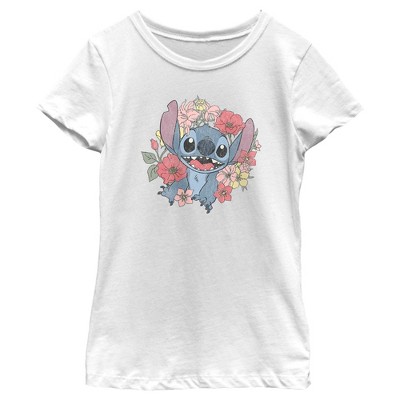 Girl's Lilo & Stitch Floral Distressed Stitch T-shirt - White - Medium ...