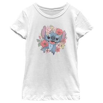 Girl's Lilo & Stitch Floral Distressed Stitch T-shirt - Light Pink ...