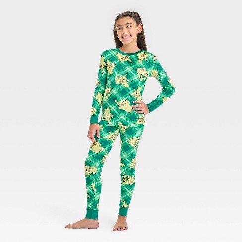 Girls' Pokemon Pikachu 2pc Plaid Pajama Set - Green - image 1 of 4