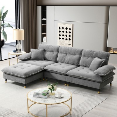 106" Cloud Chenille L-Shaped Convertible Sectional Sofa with Tufted Cushions, Adjustable Two Tone Metal Legs & Movable Ottoman