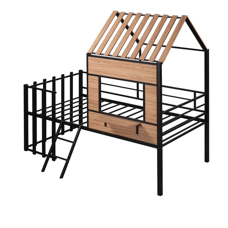 Metal Twin Size Loft Bed with Roof, Windows, Railing and Ladder - ModernLuxe, 4 of 10