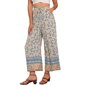 INSPIRE CHIC Women's Boho Pockets Floral Beach Elastic Waist Palazzo Wide Leg Trouser Pants - 1 of 4
