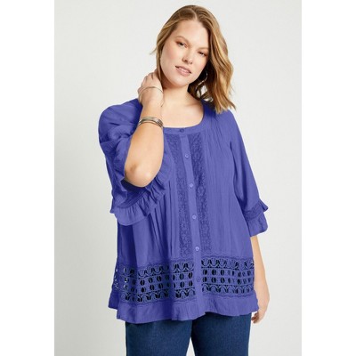 June + Vie by Roaman's Women's Plus Size Lace-Trimmed Boho Blouse