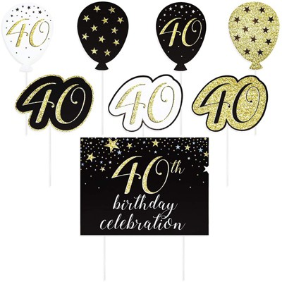 Blue Panda 8 Piece Set Happy 40th Birthday Yard Signs with Stakes Party Supplies, Black & Gold