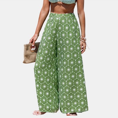 Women's Tropical Leaf Print Beach Pants - Cupshe-M-Green