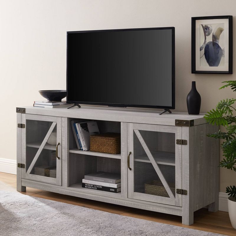 Clarabelle Farmhouse Glass Barn Door TV Stand for TVs up to 65&#34; Stone Gray - Saracina Home, 3 of 8