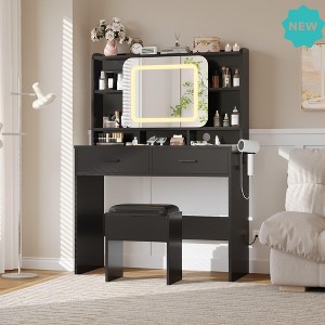 Jojoka Makeup Vanity Set with Sliding Mirror, LED Lights, Storage Shelves, 2 Drawers, and Comfortable Stool - 1 of 4