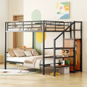 Full Over Full Metal Bunk Bed with Lateral Storage Ladder and Wardrobe - 1 of 4