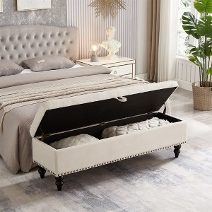 Cotton Linen 59" Bed Bench Ottoman with Storage Beige Fabric - 1 of 3