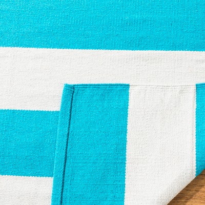 Turquoise & Ivory Stripe Round Cotton Area Rug, 3' x 5'