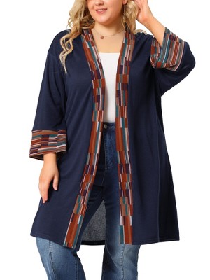 Agnes Orinda Women's Plus Size Contrast Placket Sleeves Knit Open Front Cardigans