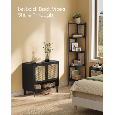 Ash Black 3-Tier Shoe Cabinet with Natural Rattan Doors and Steel Legs