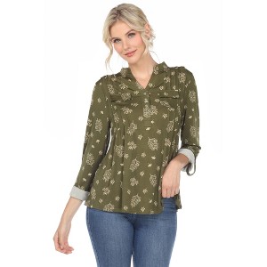 Women's Pleated Long Sleeve Leaf Print Blouse - White Mark - 1 of 4